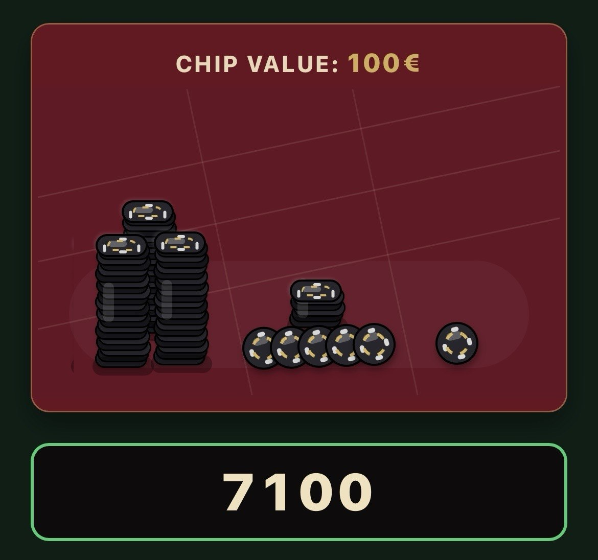 Chip counting drill showing stacks of chips to value at 100 euro each